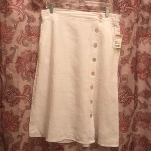 White linen side button down knee length skirt